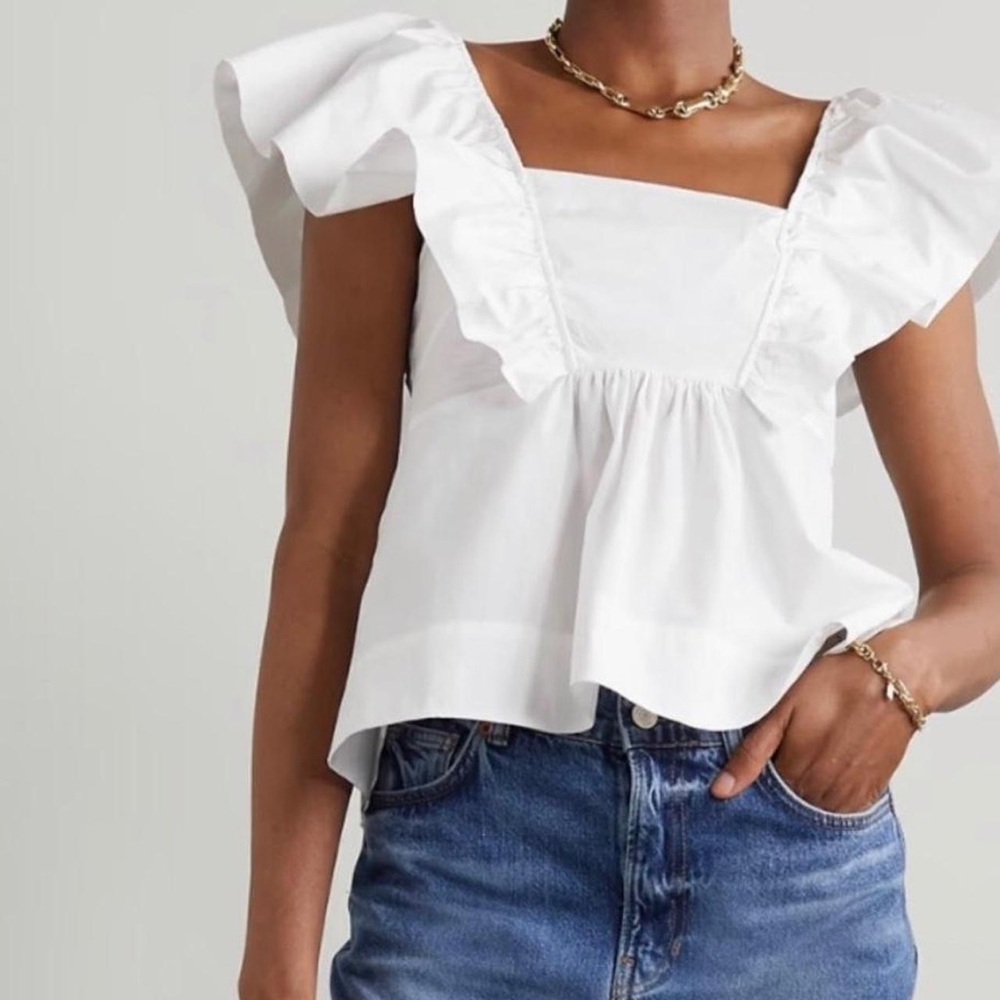 Ganni White Ruffle Sleeve Blouse